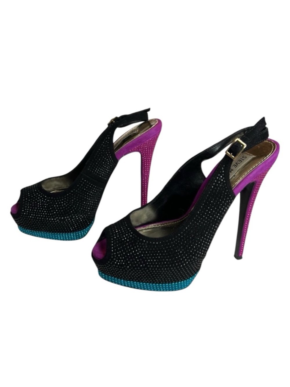 Steve Suede Madden Masqraid Multi Purple Black & Blue Embellished Platform Heels